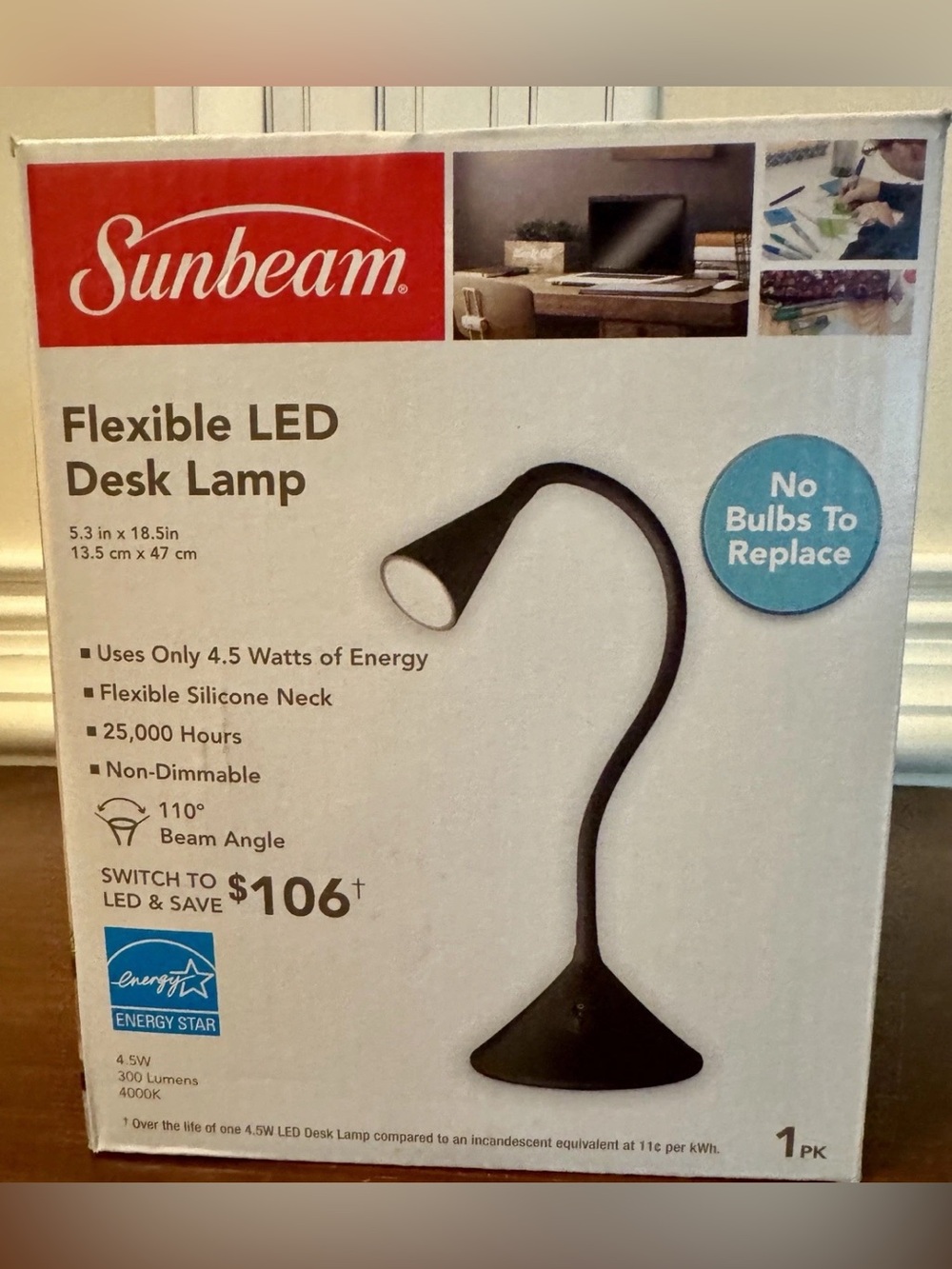 Sunbeam Black Flexible LED Desk Lamp - Flexible Silicone Neck - NIB